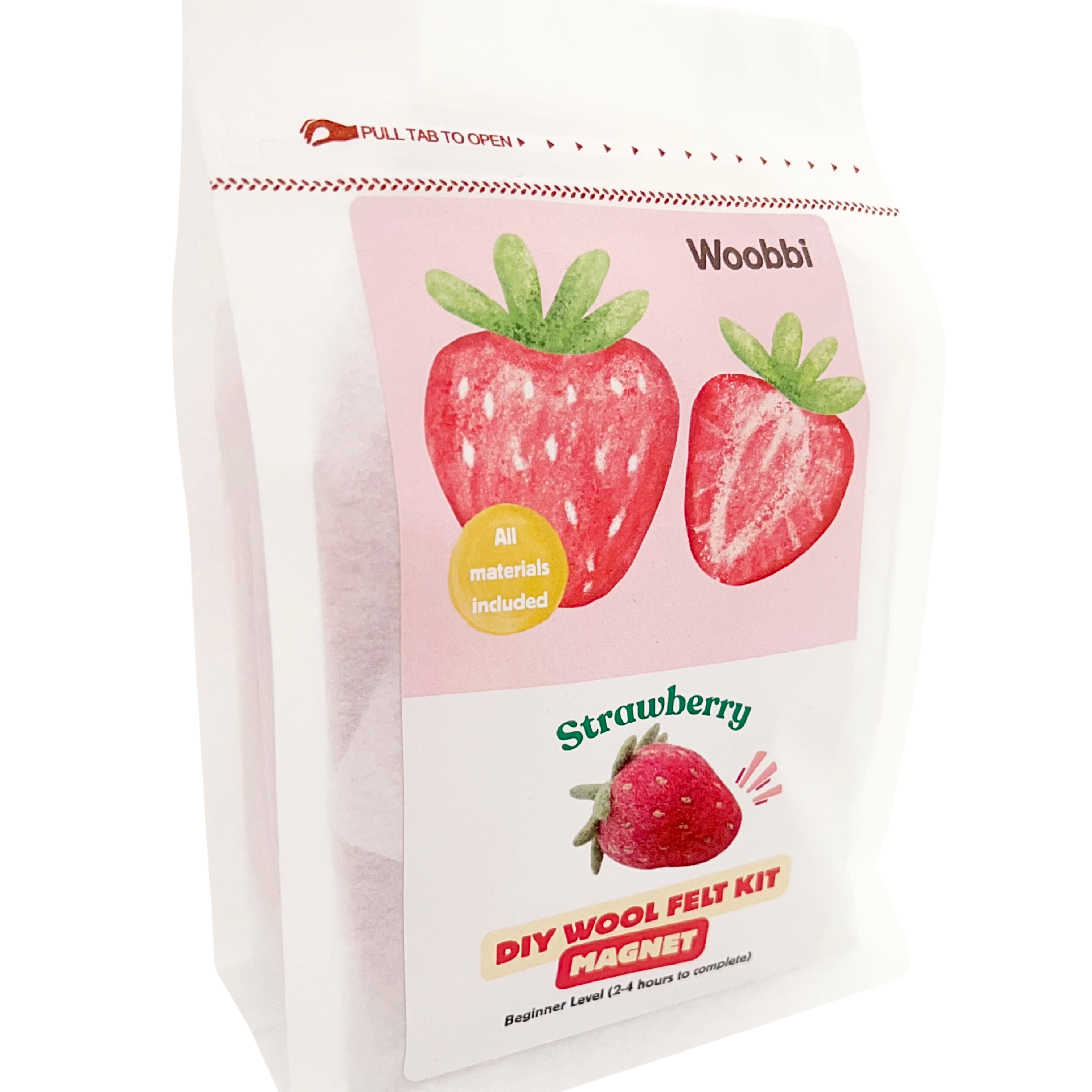 Strawberry needle felting DIY wool kit by Woobbi with Australian merino wool roving and magnet project inside resealable pouch packaging