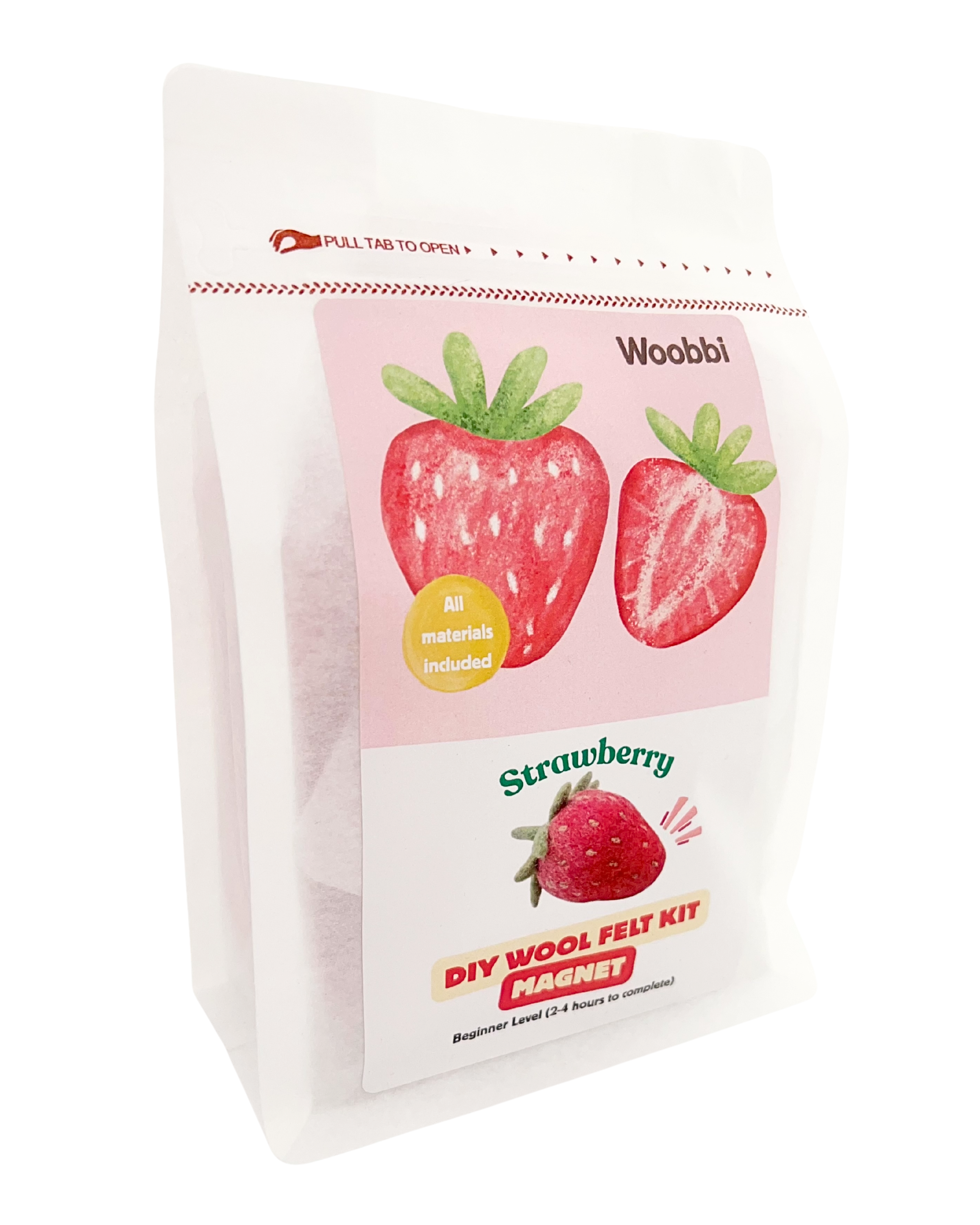 Strawberry needle felting DIY wool kit by Woobbi with Australian merino wool roving and magnet project inside resealable pouch packaging