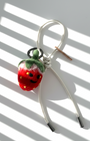 Needle felt strawberry charm with white leather strap, handmade wool fruit keychain
