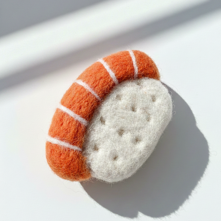 Close-up of handcrafted wool sushi magnet, needle felted salmon sushi with detailed wool texture
