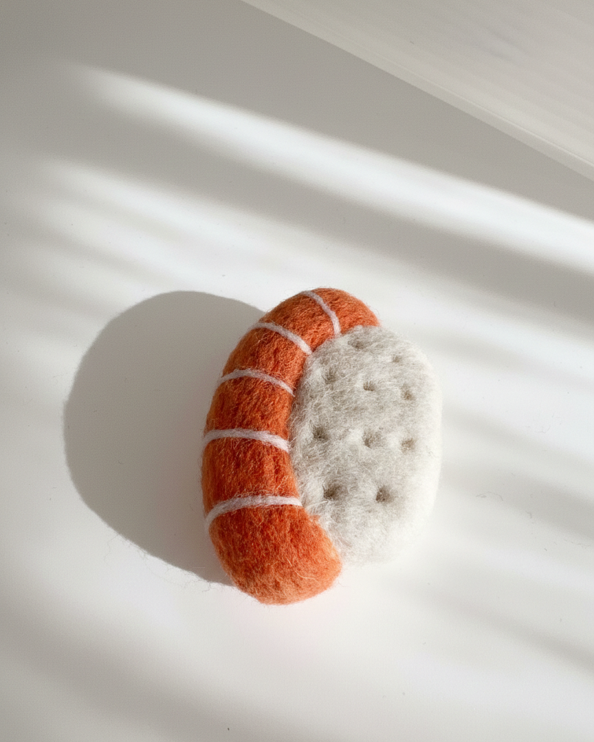 Cute needle felted sushi magnet made from natural wool, handmade salmon nigiri design
