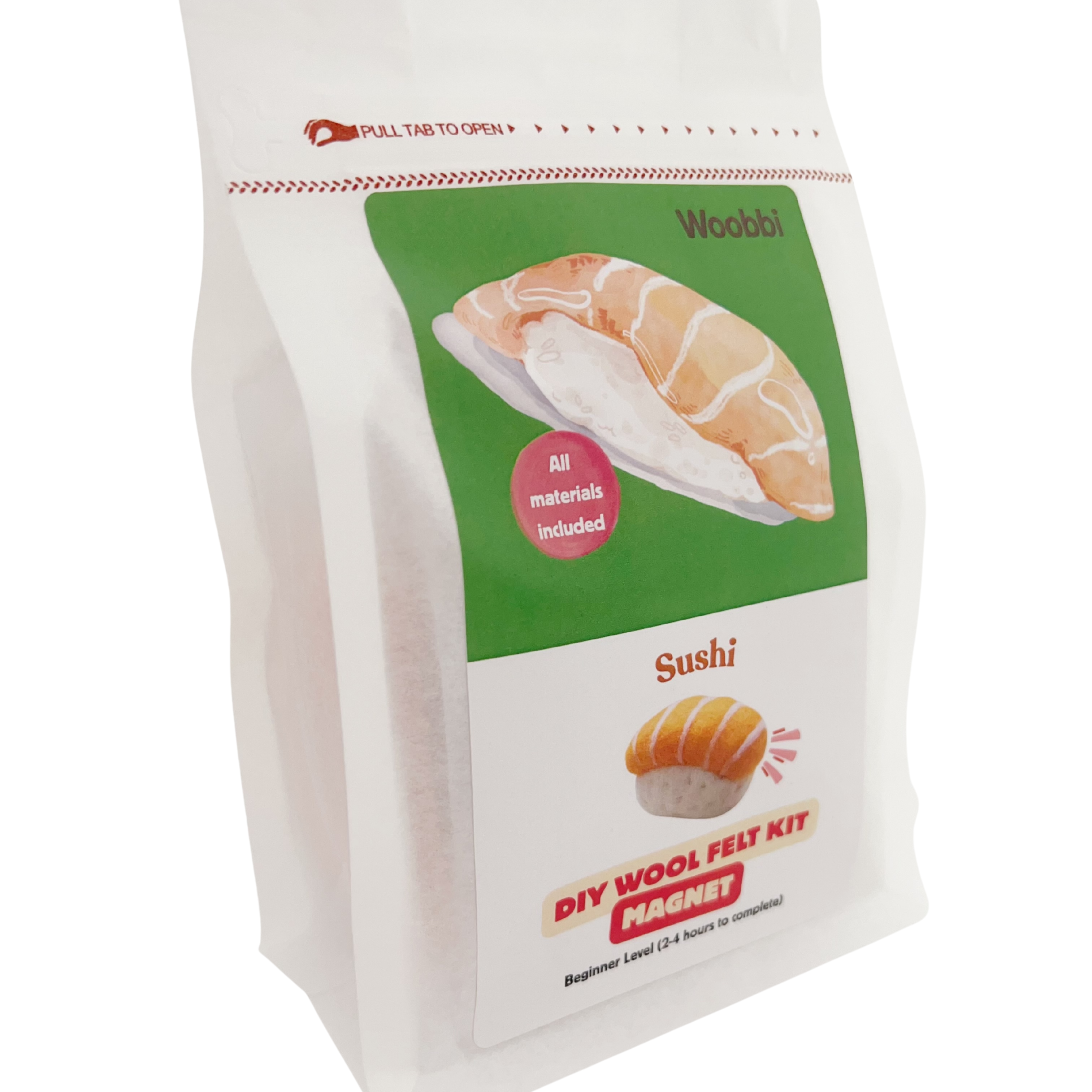 Sushi needle felting DIY wool kit by Woobbi with Australian merino wool roving and magnet project inside resealable pouch packaging