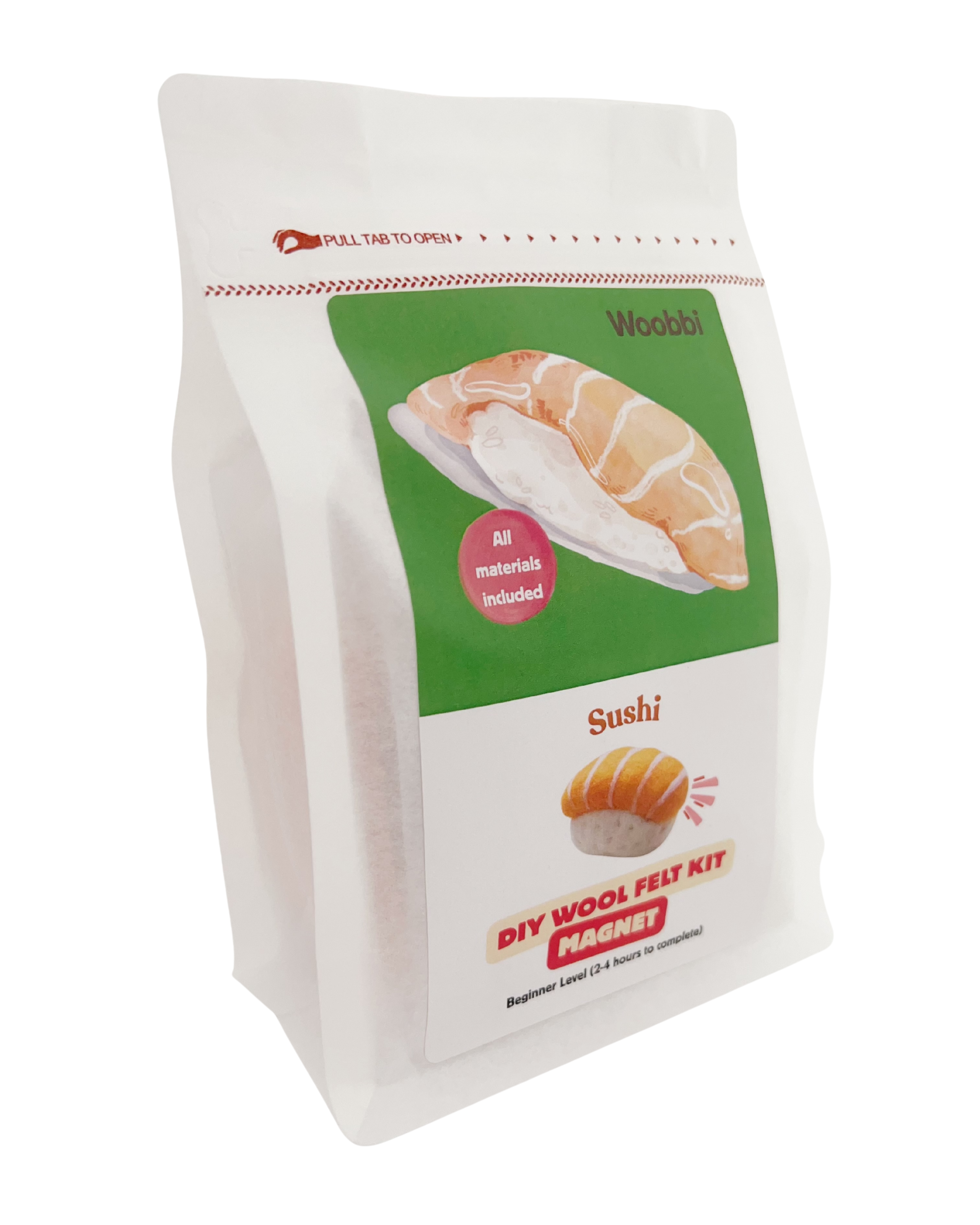 Sushi needle felting DIY wool kit by Woobbi with Australian merino wool roving and magnet project inside resealable pouch packaging