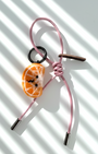 Wool felt tangerine slice bag charm with pink leather strap, handmade citrus keychain