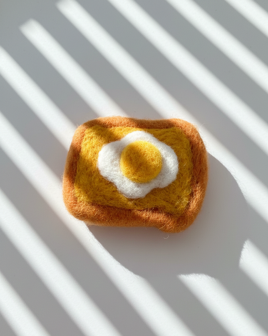 Close-up of needle-felted wool egg toast fridge magnet showing soft felt fibers