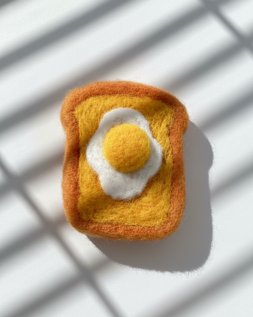 Handmade wool toast magnet with fried egg detail, felted by hand on white background