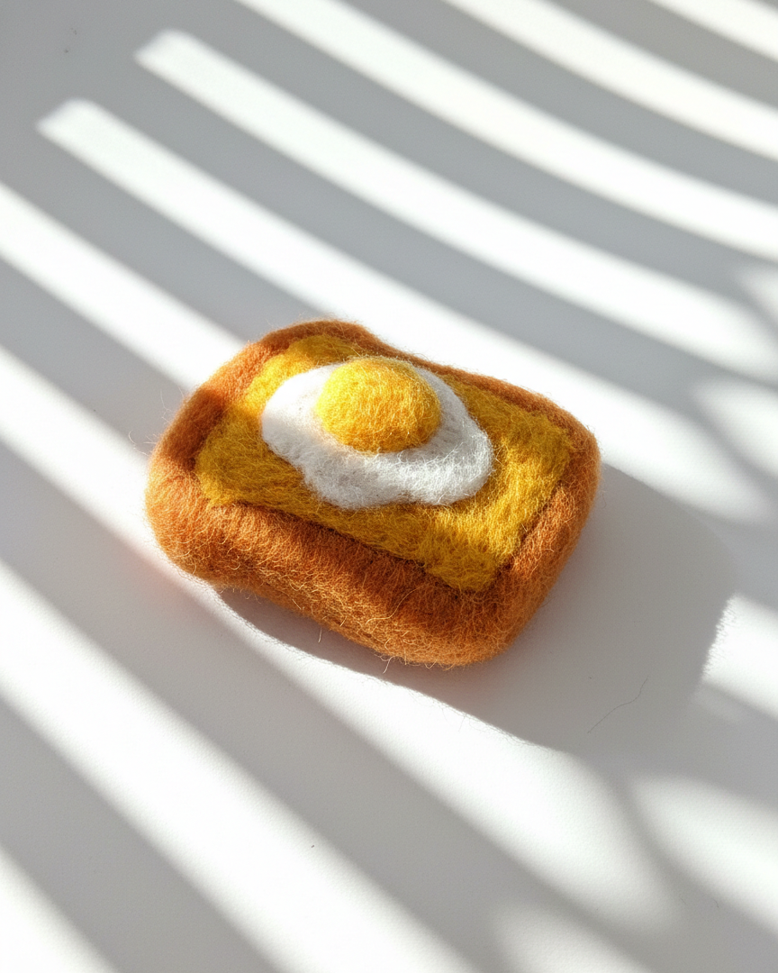 Wool egg toast fridge magnet shown at an angle, highlighting layered felt texture