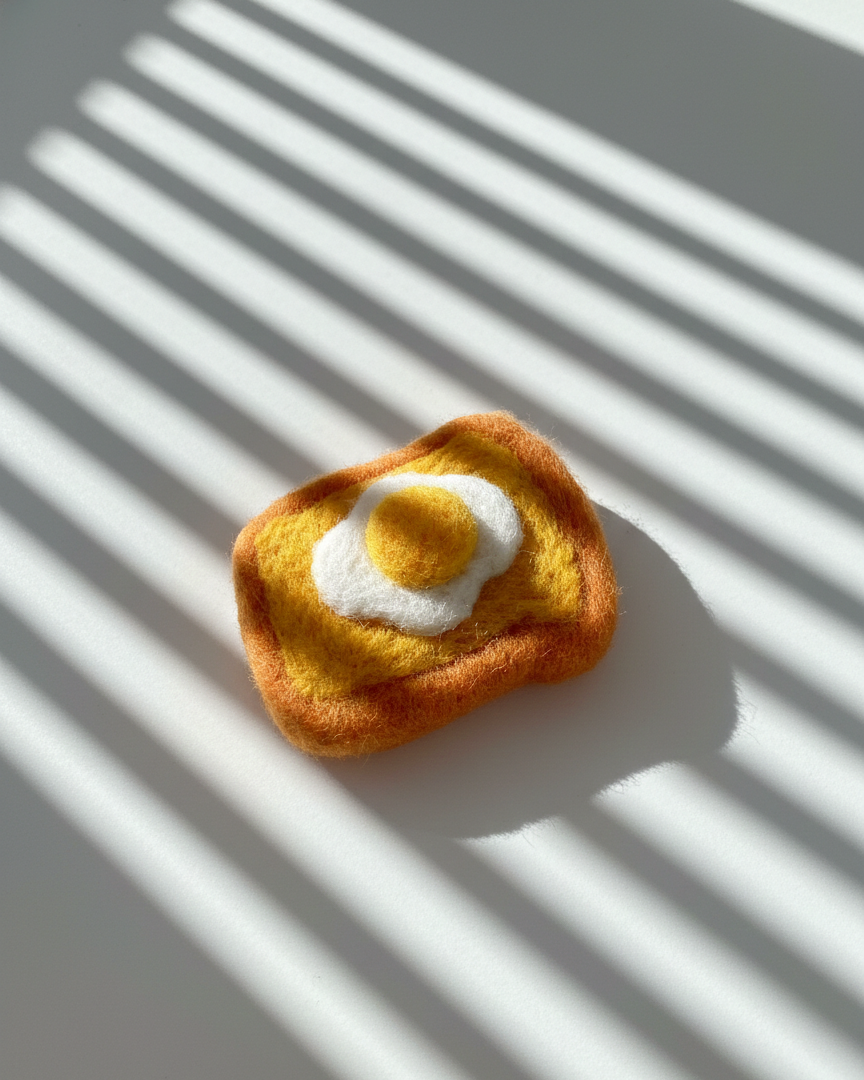 Handmade wool egg toast fridge magnet, needle-felted with soft texture and warm yellow tones