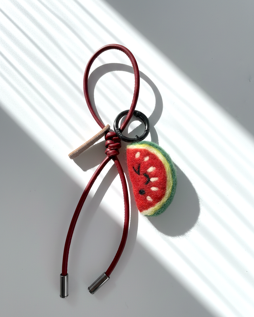 Wool felt watermelon keychain with red leather loop, handcrafted fruit bag charm accessory