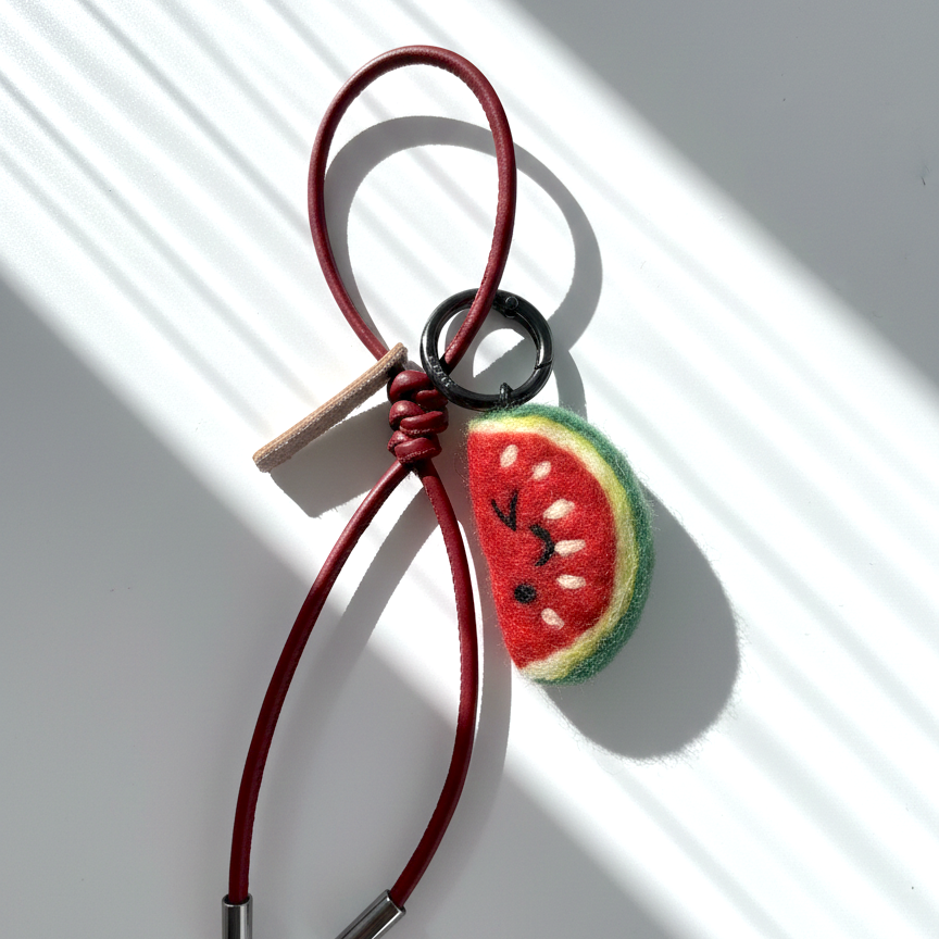Wool felt watermelon keychain with red leather loop, handcrafted fruit bag charm accessory