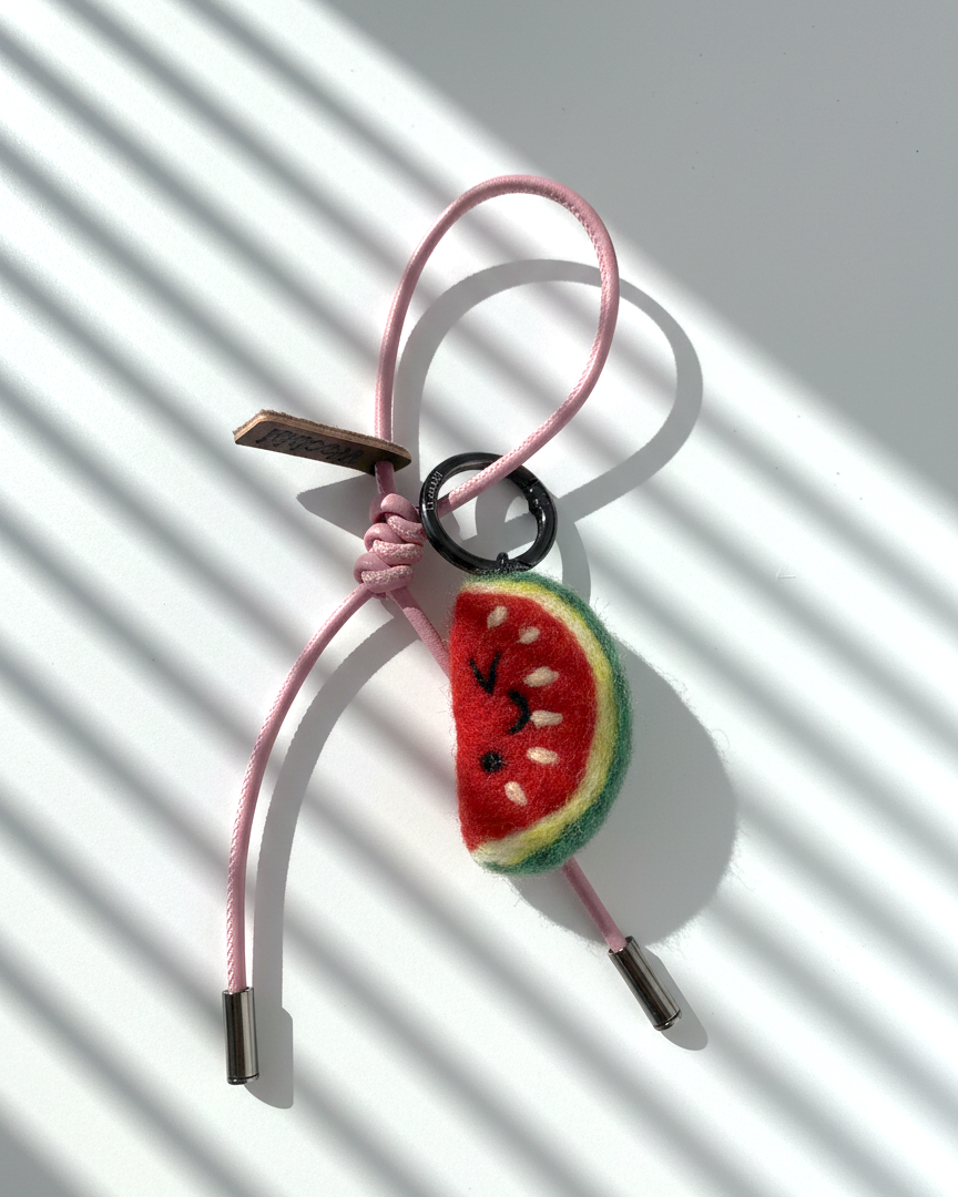 Cute wool felt watermelon slice bag charm with pink leather strap, handmade fruit keychain