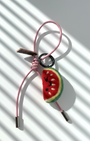 Cute wool felt watermelon slice bag charm with pink leather strap, handmade fruit keychain