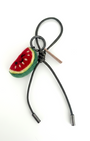Handmade wool felt watermelon slice keychain with olive leather loop, needle-felted fruit bag charm