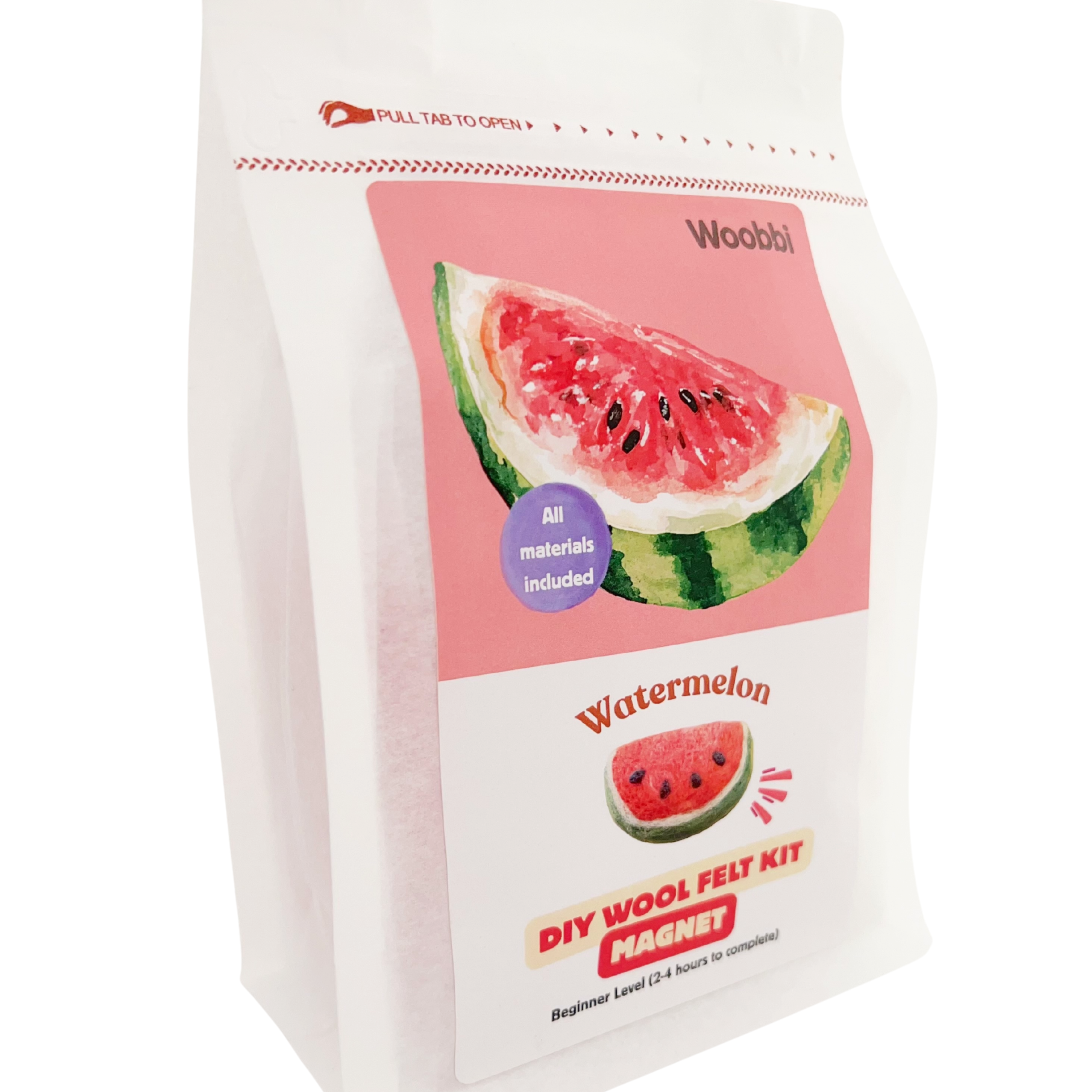 Watermelon needle felting DIY wool kit by Woobbi with Australian merino wool roving and magnet project inside resealable pouch packaging
