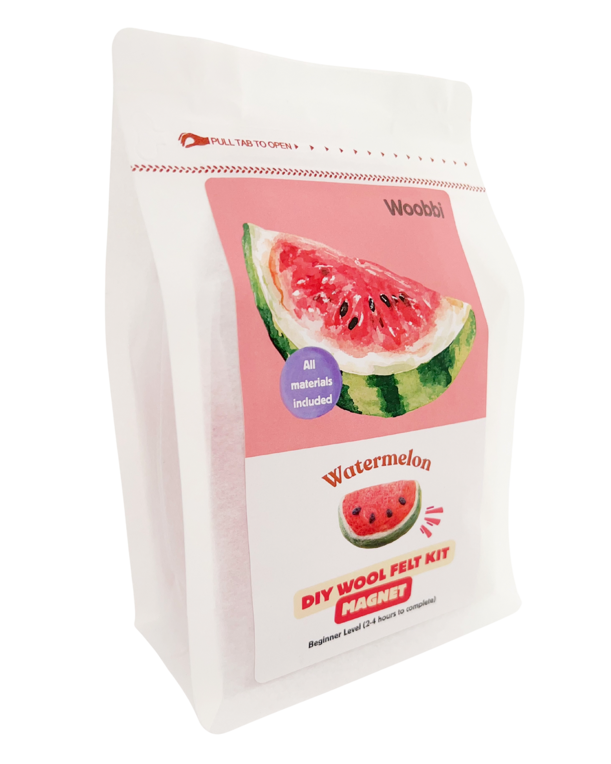 Watermelon needle felting DIY wool kit by Woobbi with Australian merino wool roving and magnet project inside resealable pouch packaging
